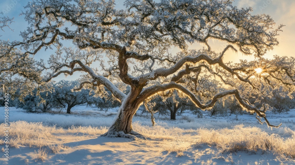 Sunrise illuminates a snow-covered oak tree in a frosty field. Sunrise illuminates a snow-covered oak tree in a frosty field.