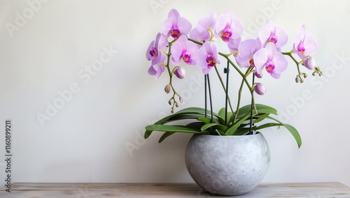 Photograph of a pink orchid in an elegant grey pot on a table against a white wall background. photo