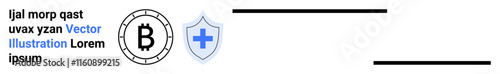 Bitcoin symbol inside a circle, a shield with a cross, a sample text in various fonts, and black lines. Ideal for cryptocurrency, healthcare security, sample design, modern layouts, business