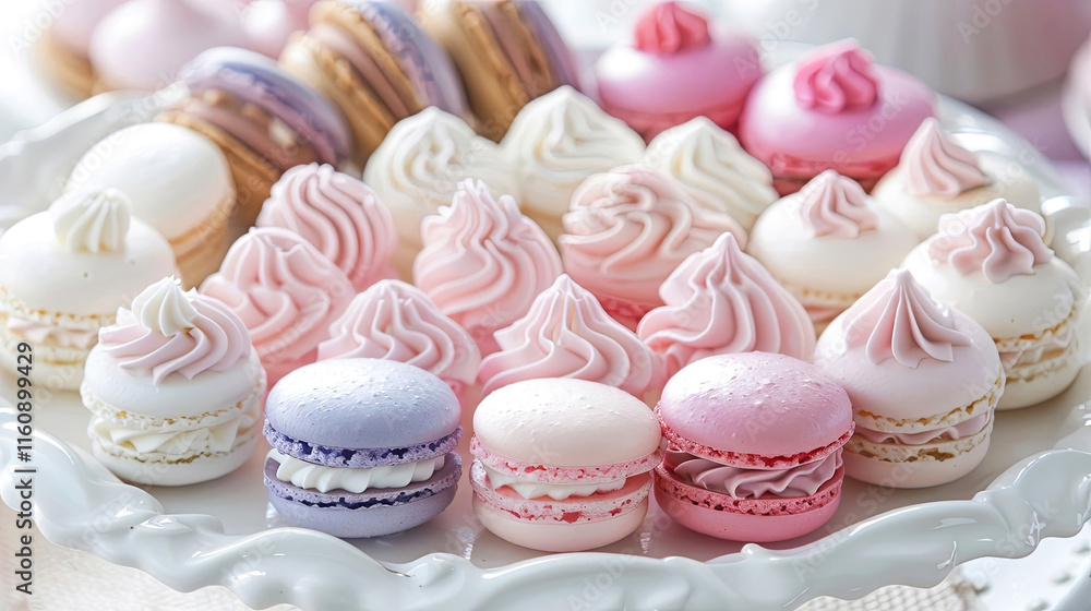 Delicate pastel macarons and meringues arranged beautifully on a white plate Delicate pastel macarons and meringues arranged beautifully on a white plate