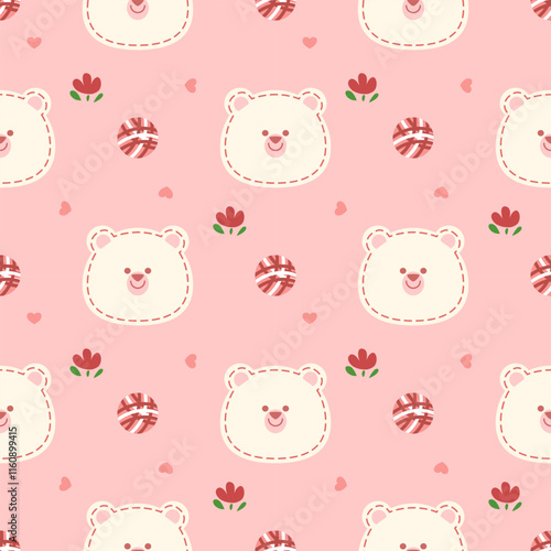 Bear cartoon so cute. On flower ball heart pink background. Pattern seamless vector illustration. 