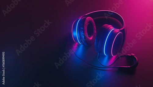Gaming headphones against a backdrop of neon light, in shades of dark blue and pink.