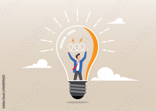 businessman go inside light bulb to fix or invent new idea light up bright