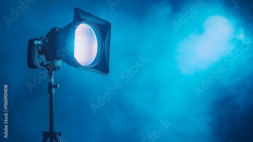 Studio Lighting Equipment On Tripod Against Blue Background
