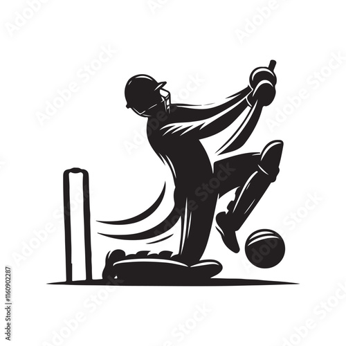 Cricket element Silhouette Vector Illustration, Solid White Background.