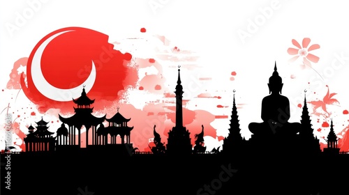 Silhouettes of Asian Religious Architecture with Watercolor Background