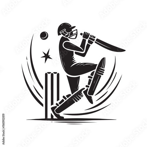 Cricket element Silhouette Vector Illustration, Solid White Background.