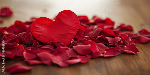 Red Rose Petals on Wooden Background – Romantic Valentine's Day Floral Decoration