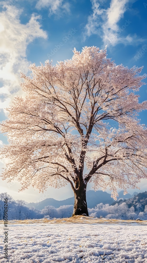 Fototapeta premium A magnificent and beautiful cherry blossom tree standing alone, with a beautiful view of the winter season