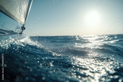 Sailing across shimmering waves under bright sun, capturing sere photo