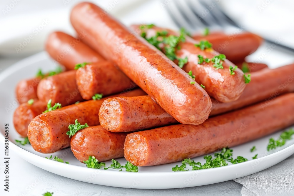 Grilled hot dogs with char marks served with parsley garnish on a white plate for modern and smoky food photography Grilled hot dogs with char marks served with parsley garnish on a white plate for modern and smoky food photography