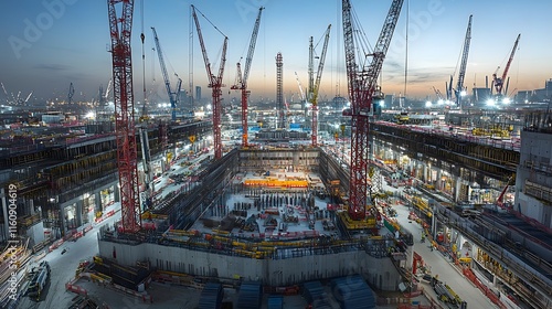 Nighttime view of a bustling construction site for a large scale multi faceted mega project with numerous towering cranes and bright floodlights illuminating the ongoing work and activity