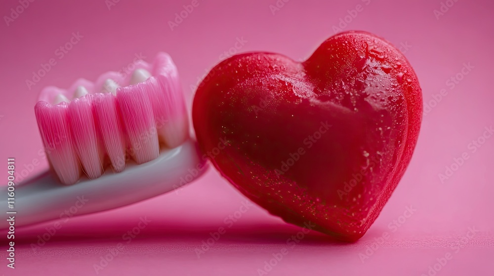 Obraz premium Toothbrush and heart-shaped candy on pink background.