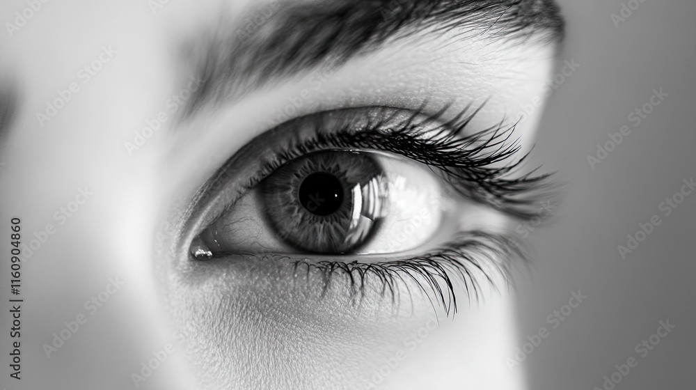 Close-up monochrome shot of a woman's eye, showcasing details of iris, pupil, eyelashes, and eyebrow. Close-up monochrome shot of a woman's eye, showcasing details of iris, pupil, eyelashes, and eyebrow.