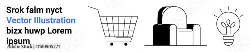 Shopping cart, armchair, and lightbulb icons in minimalist black and white style, with sample text on the left. Ideal for e-commerce, home decor, innovation, furniture, retail, interior design