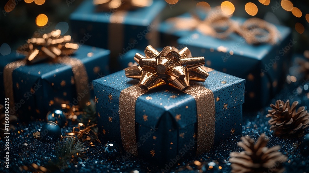 An image featuring blue gift boxes tied with golden bows and ribbons, positioned on a blue surface alongside stars. An image featuring blue gift boxes tied with golden bows and ribbons, positioned on a blue surface alongside stars.