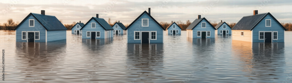 Climate change ecosystem global crisis. Flooded houses in a residential area Climate change ecosystem global crisis. Flooded houses in a residential area