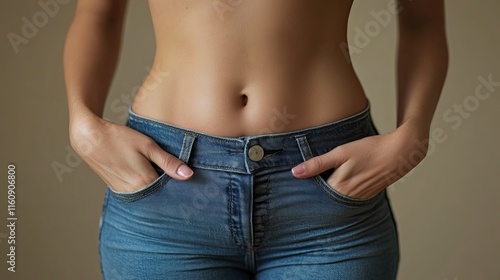 Close-up of a woman's toned abdomen and waist in jeans. photo