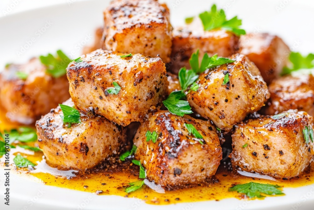 Golden fried pork bites seasoned with herbs and spices, served on a pristine white plate, offering a savory appetizer perfect for casual dining or party spreads Golden fried pork bites seasoned with herbs and spices, served on a pristine white plate, offering a savory appetizer perfect for casual dining or party spreads