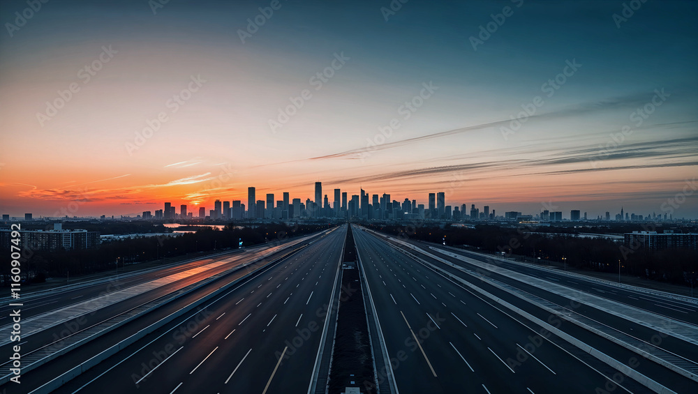 夕日に染まる空の下、近代的な都市と広がる道路が印象的な景観.生成AI 夕日に染まる空の下、近代的な都市と広がる道路が印象的な景観.生成AI