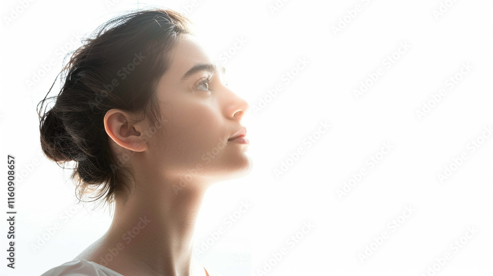 A woman who is reflective about her life choices. on an isolated white background, object focused, png, stock image, hd quality, natural look