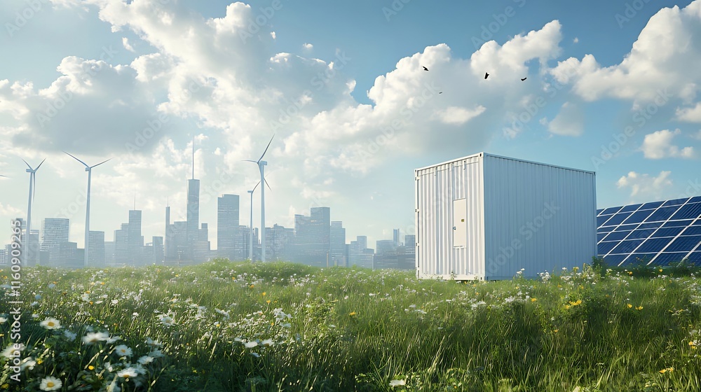 White container on a field of wildflowers, with wind turbines and solar panels in the background, showcasing a sustainable city skyline. White container on a field of wildflowers, with wind turbines and solar panels in the background, showcasing a sustainable city skyline.