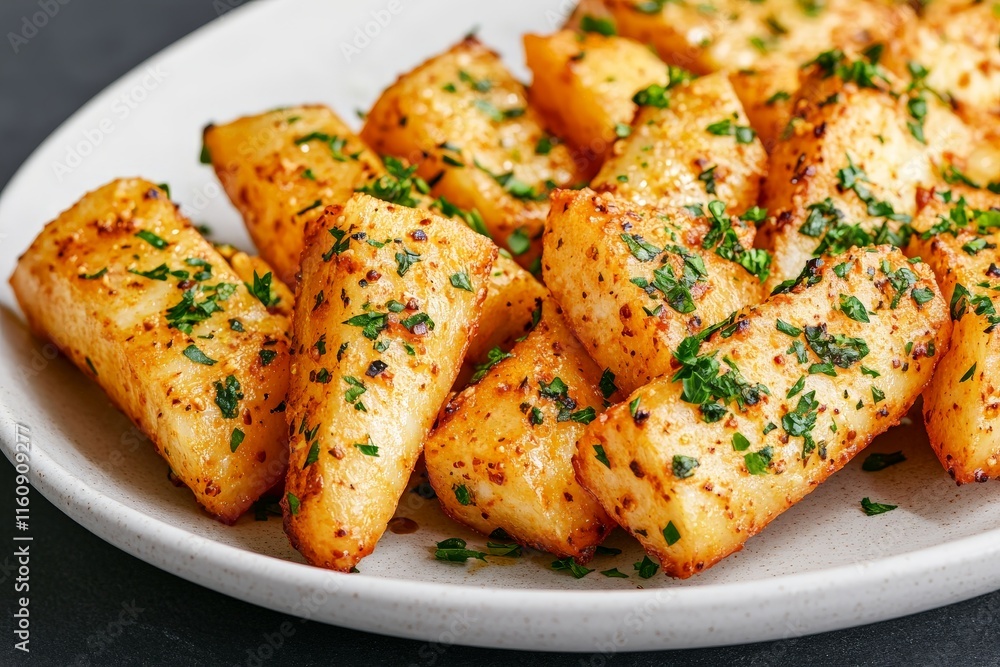 Golden garlic breadsticks sprinkled with parsley, served on a clean white plate, ideal for bread focused culinary photography and stock images Golden garlic breadsticks sprinkled with parsley, served on a clean white plate, ideal for bread focused culinary photography and stock images