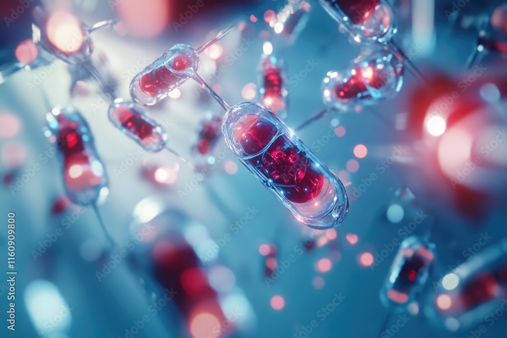 Futuristic capsules float in vibrant abstract space, glowing wit Futuristic capsules float in vibrant abstract space, glowing wit