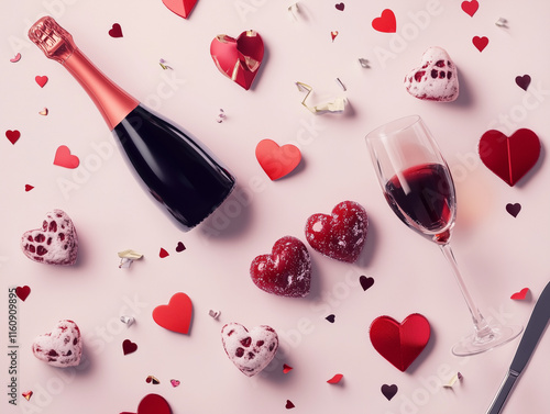 Red Wine, Roses, and Heart-Shaped Sweets on Minimal Background – Romantic Valentine's Day Flat Lay