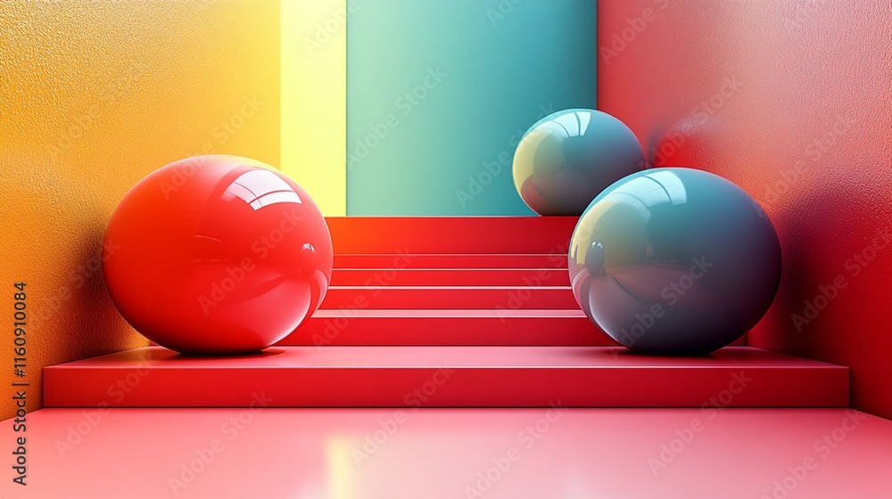 A visual representation of colorful geometric designs, highlighting sleek, shiny spheres on square platforms, with a red and green backdrop. A visual representation of colorful geometric designs, highlighting sleek, shiny spheres on square platforms, with a red and green backdrop.