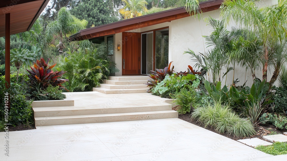 Fototapeta premium Garden greenery walls showcase sustainable design. Modern home entrance with landscaped garden and steps.