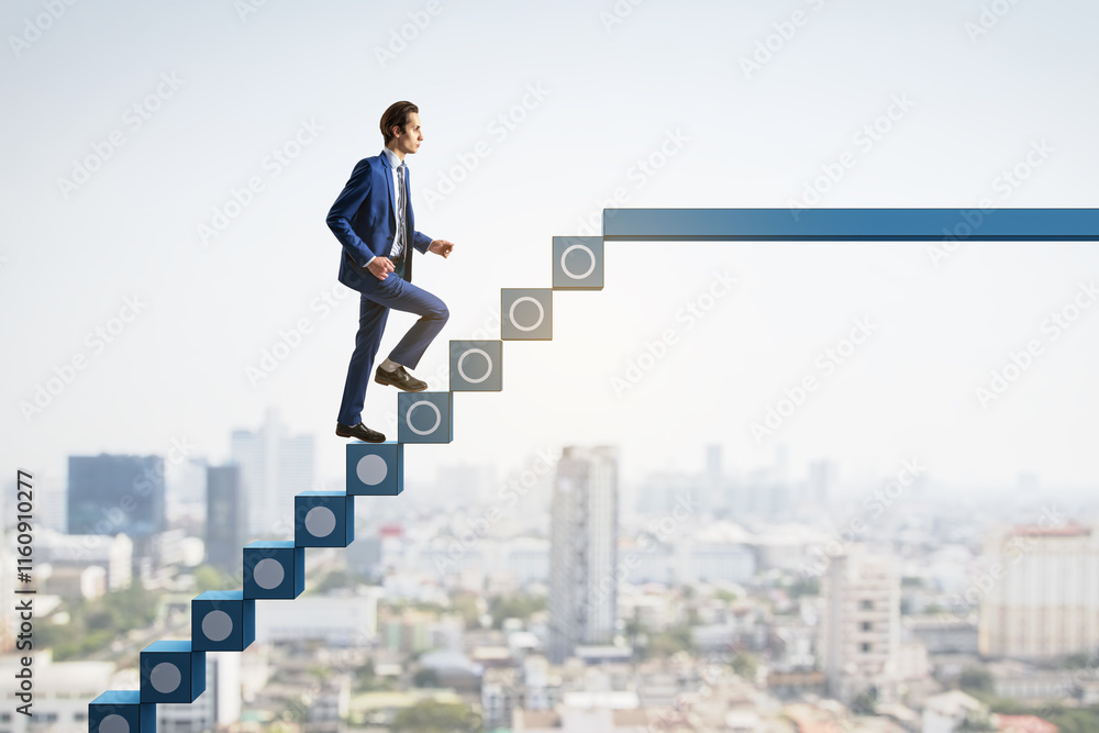 Businessman climbing staircase, symbolizing growth and career progression, with a cityscape background. Businessman climbing staircase, symbolizing growth and career progression, with a cityscape background.