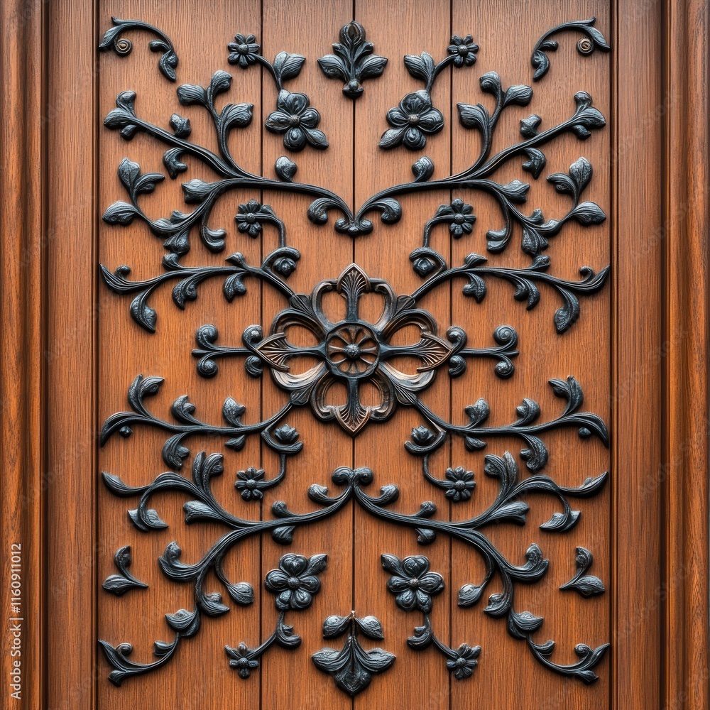 Ornate Metal Floral Design on Wooden Panel in Rich Brown Tone, Decorative Art for Interior Spaces, Elegant Wall Decoration, Craftsmanship Detail Ornate Metal Floral Design on Wooden Panel in Rich Brown Tone, Decorative Art for Interior Spaces, Elegant Wall Decoration, Craftsmanship Detail