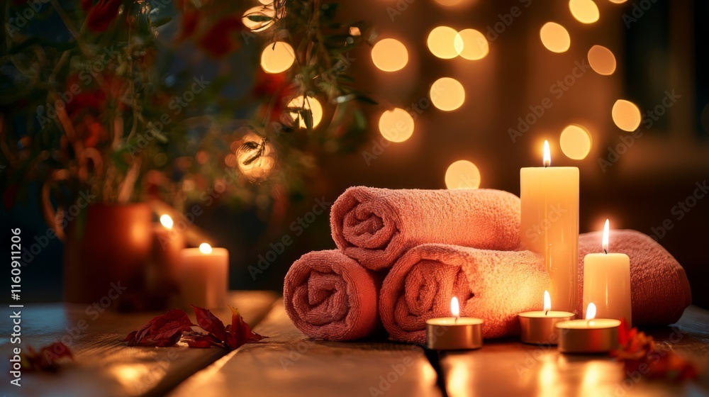 Serene Spa Night with Candles and Towels Serene Spa Night with Candles and Towels