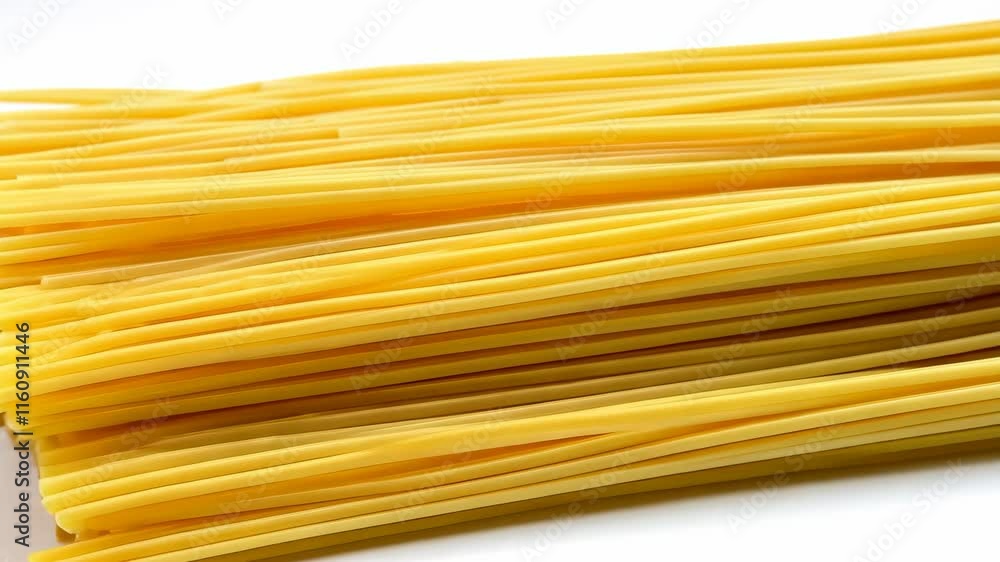 Long strands of uncooked spaghetti arranged neatly on a white background ready for cooking and enjoying in various Italian dishes Long strands of uncooked spaghetti arranged neatly on a white background ready for cooking and enjoying in various Italian dishes