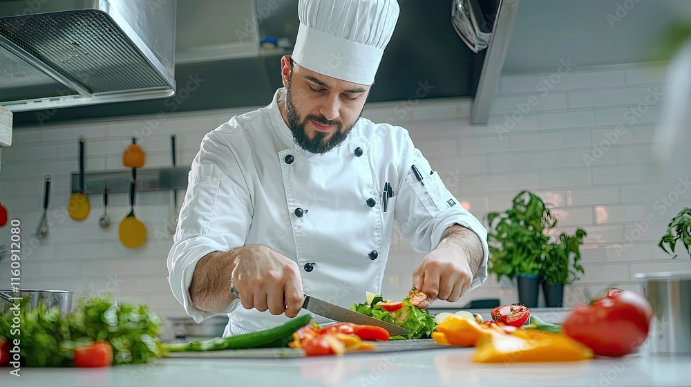 Professional Chef Preparing Fresh Vegetables in Modern Kitchen, Cooking Ingredients, Culinary Passion, Slicing Fresh Produce, Culinary Arts