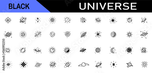 Astronomy black line icon set. Space planet, Earth, moon, sun, galaxy, rocket astronaut, alien. universe sign illustration.