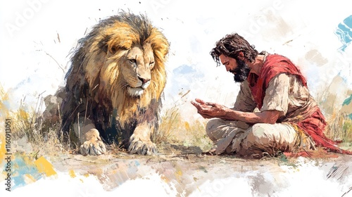 Daniel Praying in Lions Den: Watercolor Biblical Illustration photo