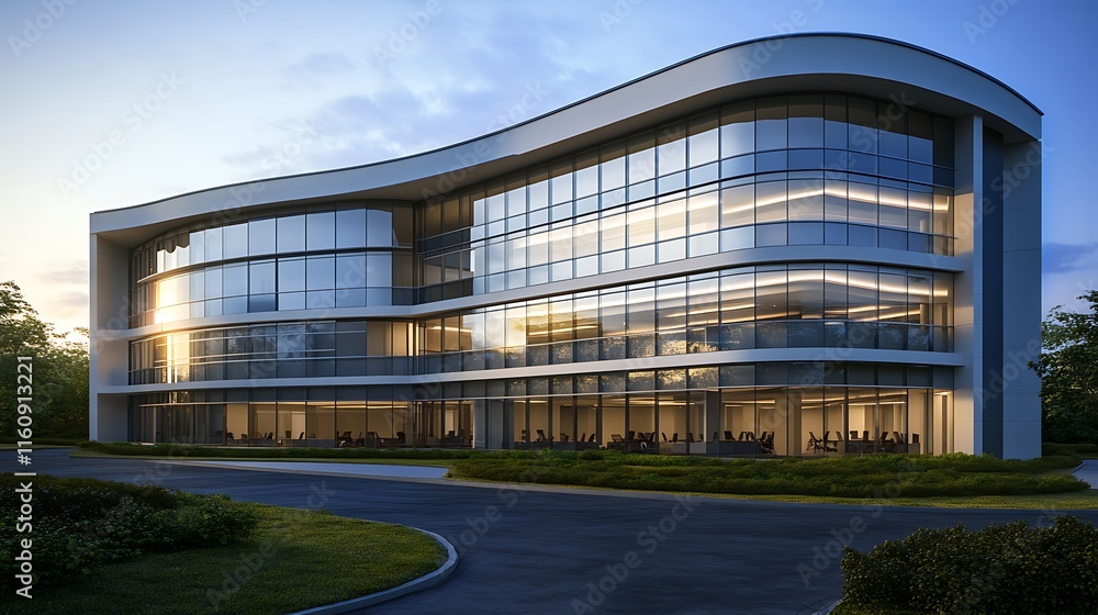 Fototapeta premium Modern Office Architecture Highlighting Curved Facade and Glass Windows