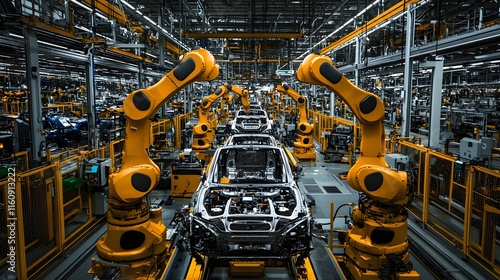 Synchronized industrial robot arms working in a modern car manufacturing plant showcasing the efficiency and precision of automated production processes in the automotive industry