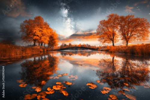 A pond in a forest reflecting a starry night sky, even though it daylight above