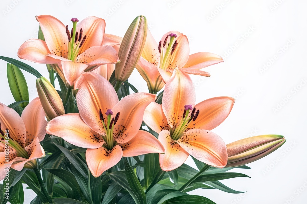 Obraz premium Pink lilies in full bloom with fresh buds ready to open indoors