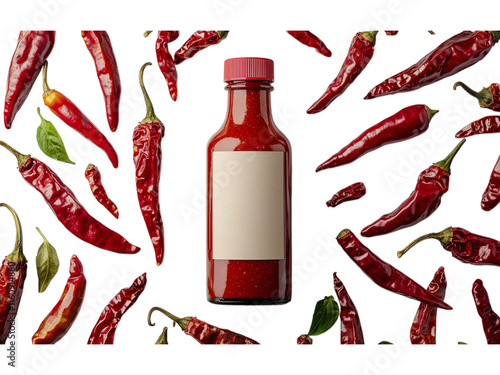 Red chili sauce bottle surrounded by peppers Isolated on transparent background photo