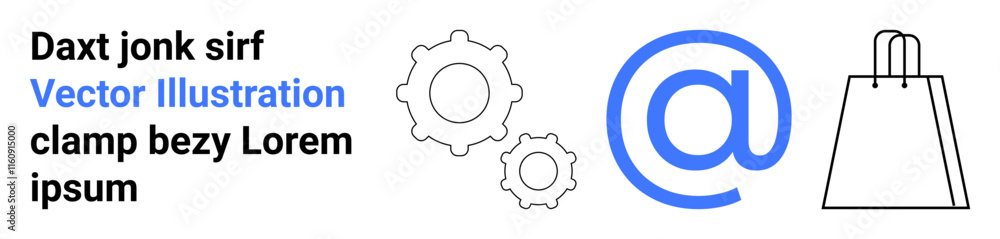 Gear icons indicating settings or industry, at symbol representing email or internet, shopping bag illustrating e-commerce. Ideal for digital marketing, online shopping, tech business, web services Gear icons indicating settings or industry, at symbol representing email or internet, shopping bag illustrating e-commerce. Ideal for digital marketing, online shopping, tech business, web services
