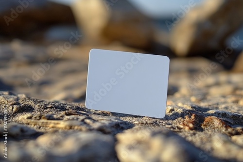 Blank white card resting on sandy beach with blurred rocks and ocean in background during sunset photo