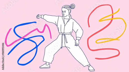 Girl in Gi Executes a Karate Punch, Dynamic Line Art Illustration with Abstract Background photo