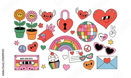 Retro groovy set for valentine's day hippie love vector illustrations, easily editable.