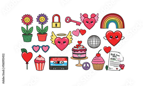 Retro groovy set for valentine's day hippie love vector illustrations, easily editable.