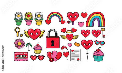 Retro groovy set for valentine's day hippie love vector illustrations, easily editable.