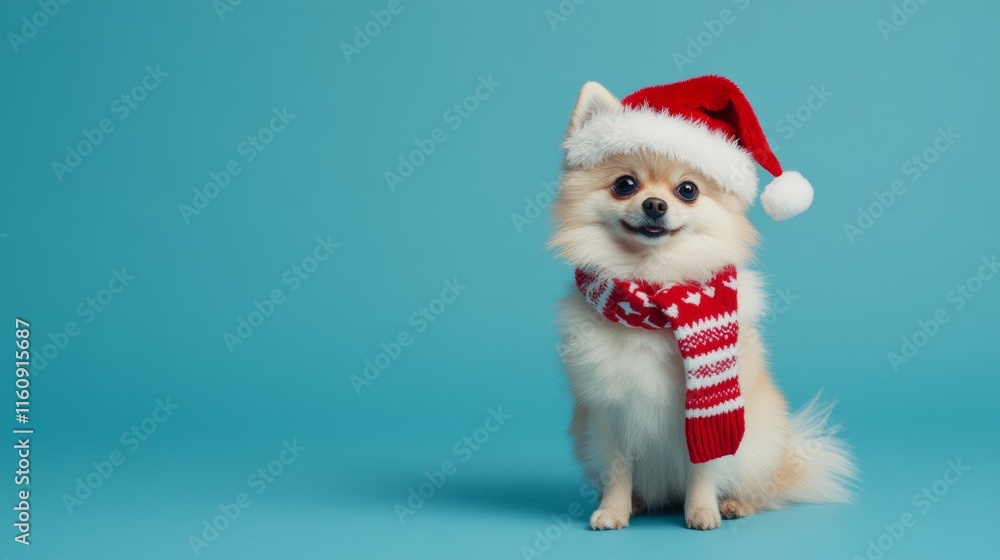Cute Pomeranian dog in Santa hat and scarf on blue background Cute Pomeranian dog in Santa hat and scarf on blue background